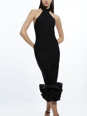 Akira Black Halter Neck Ruffle-Hem Midi Dress